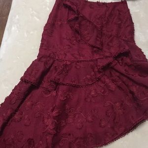 Keepsake burgundy assymetrical hem ruffled skirt